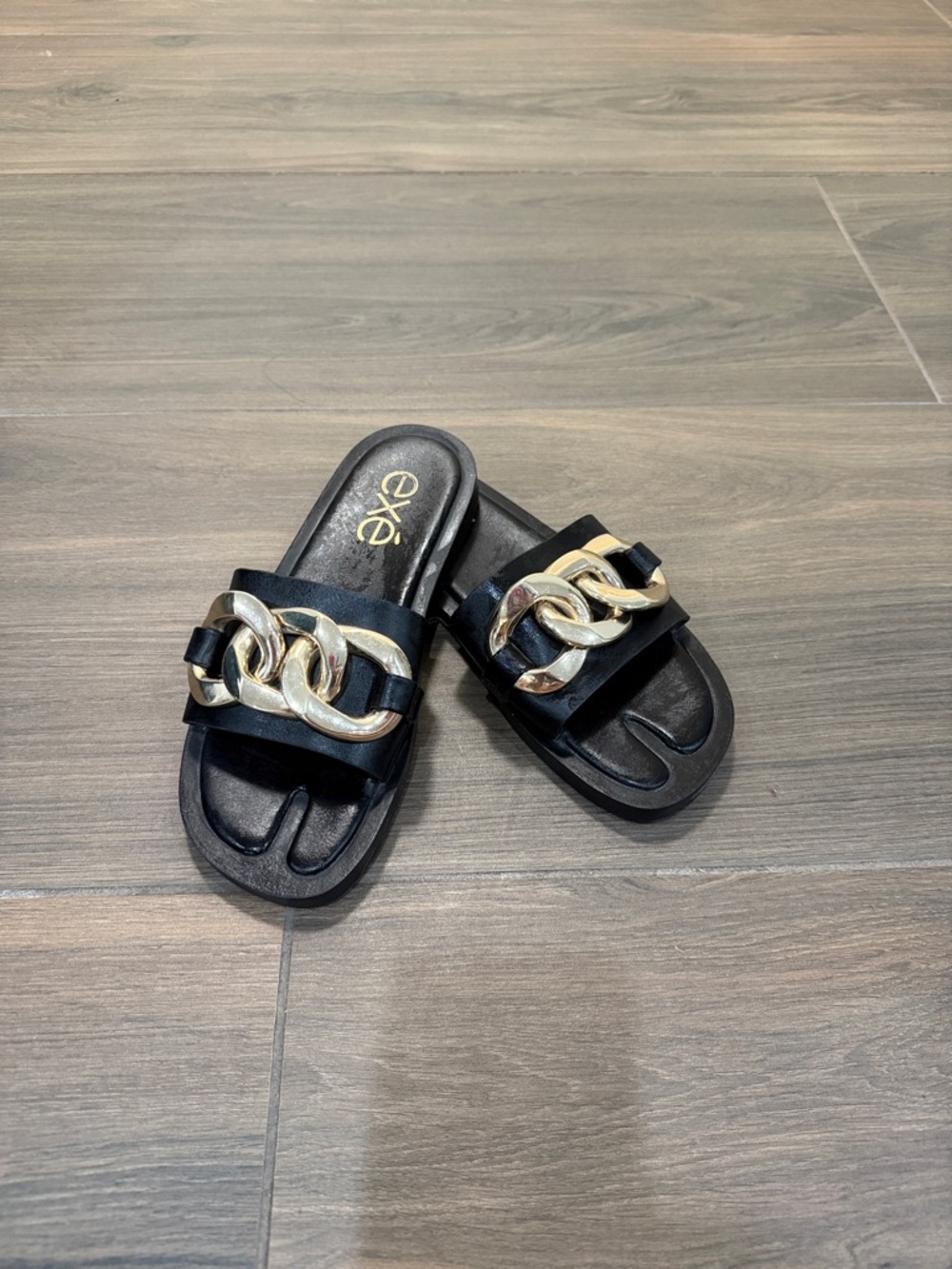 Black Slide Sandals with Gold Chain Accent